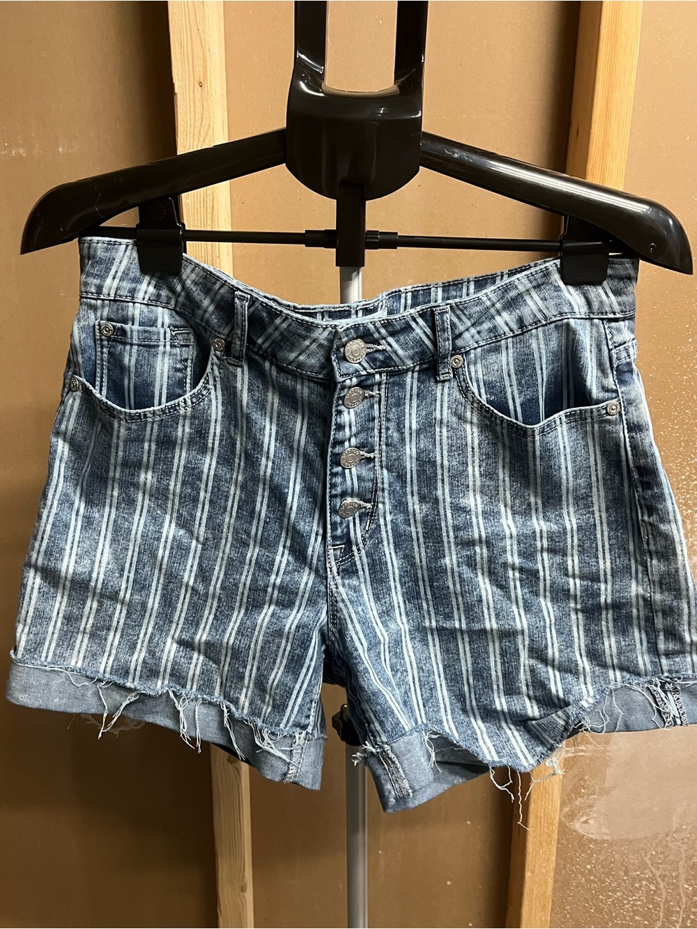 Jordache Blue High-waisted Striped Button-Front Denim Shorts